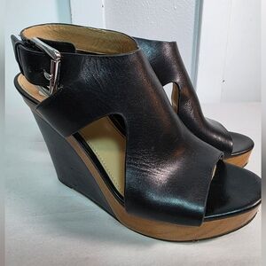MICHAEL Michael Kors Black Leather Peep Toe Wedge Sandals Size 7M 37
